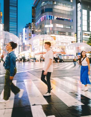 Three Travellers Walking Across Shibuya Pedestrian Crossing at Dusk with Umbrellas, Tokyo, Japan