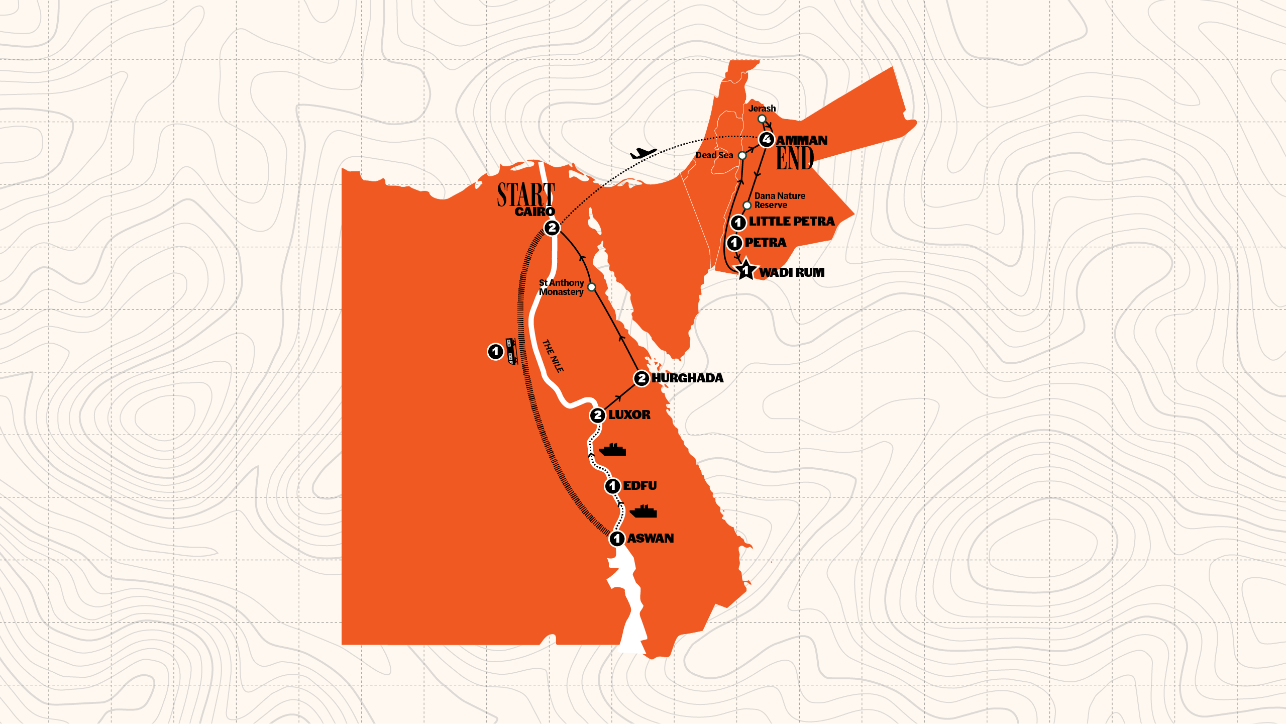 Map of Best of Egypt & Jordan | Summer | 2027 from Contiki