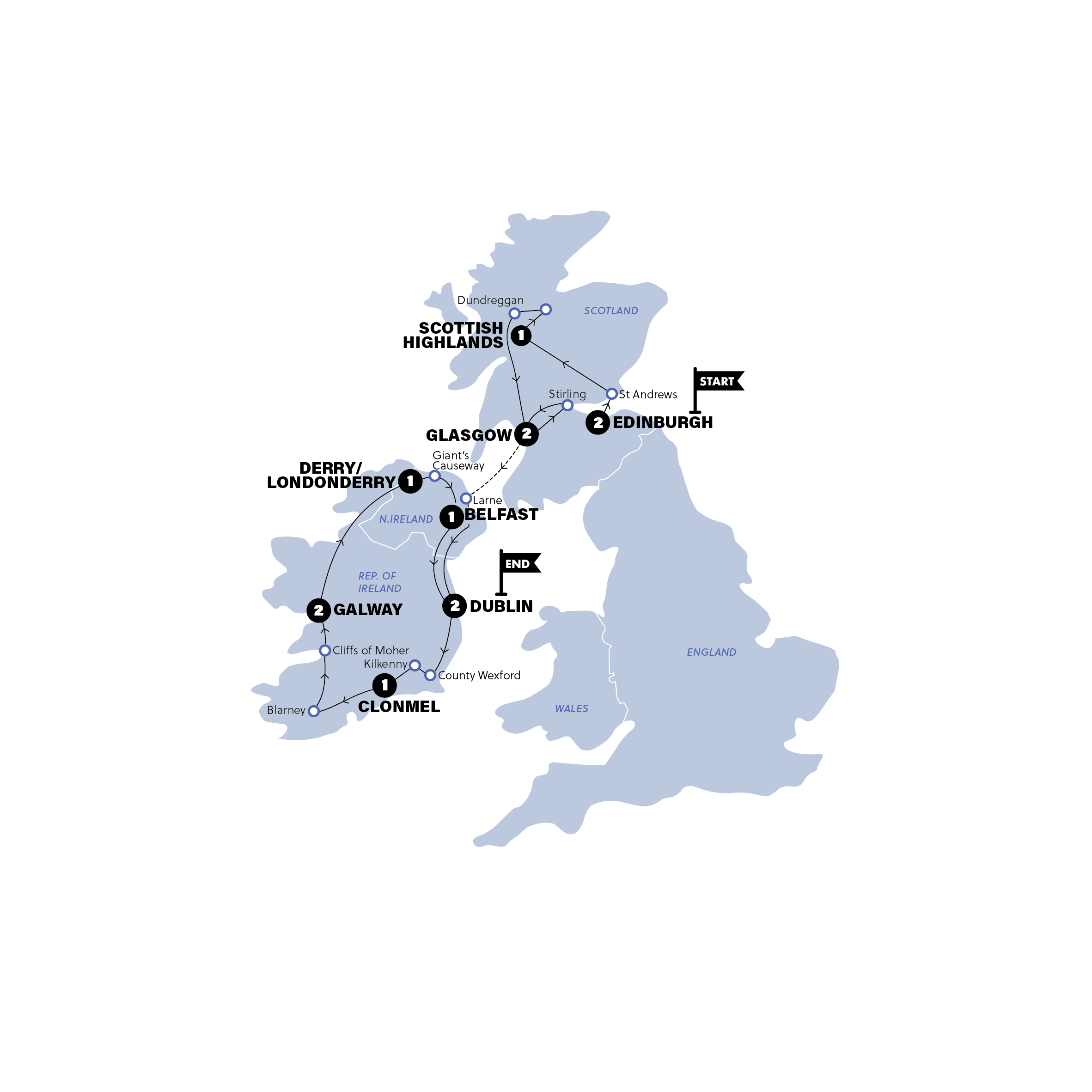 tourhub | Contiki | Sober Curious | Scotland & Ireland | 2025 | Tour Map