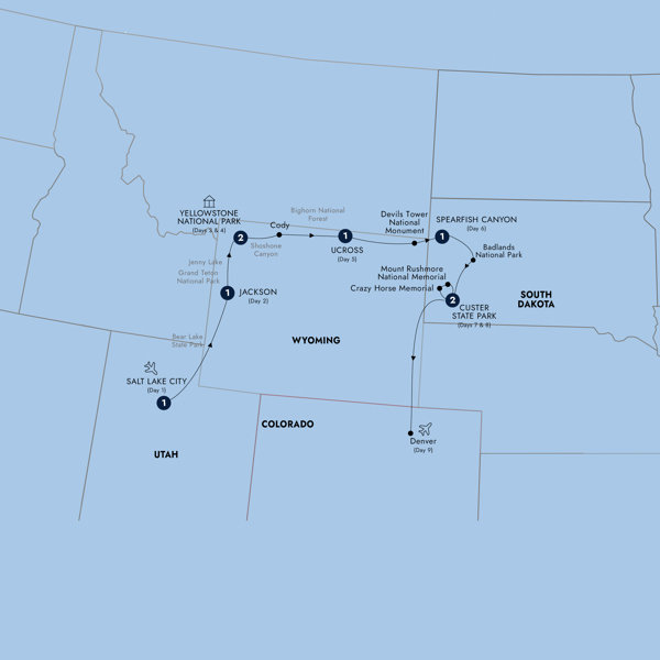 American Parks Trail - End Denver, Classic Group Itinerary Map