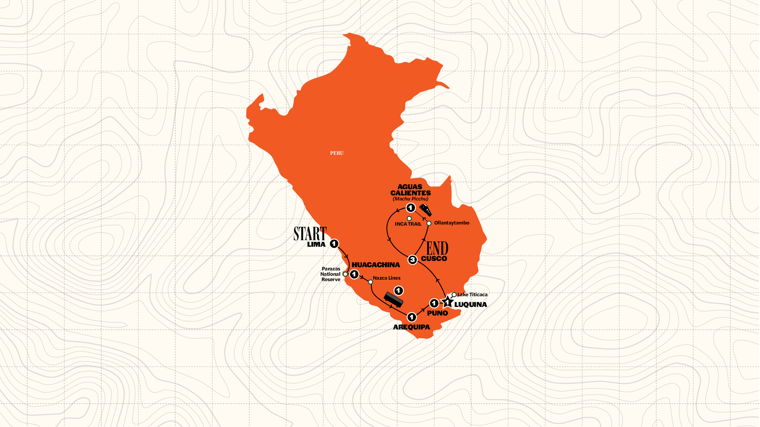 Map of Lima to Machu Picchu Road Trip with Inca Trail Trek | Season 2026/2027 from Contiki