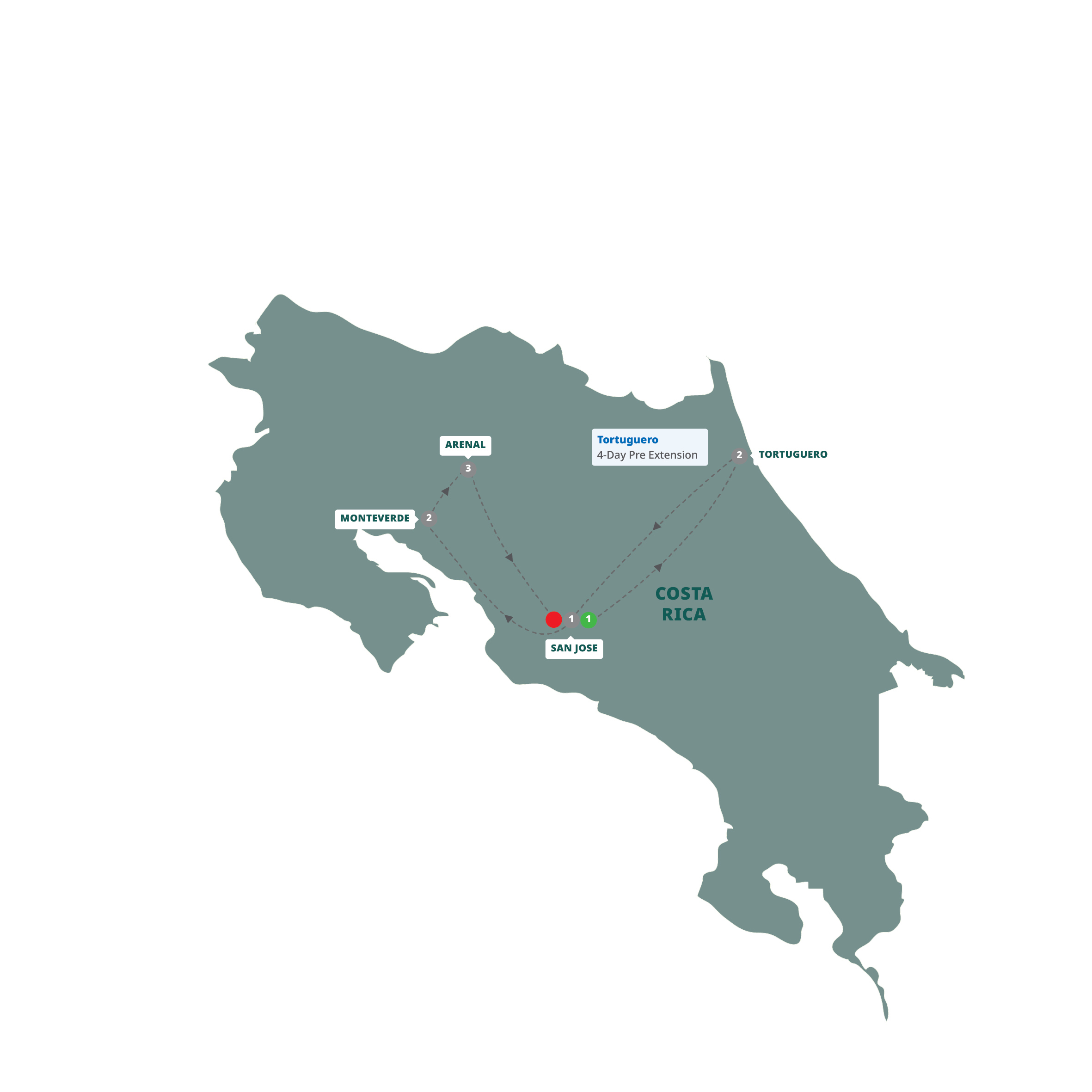 Map of Costa Rica Adventure with Tortuguero Extension from Trafalgar