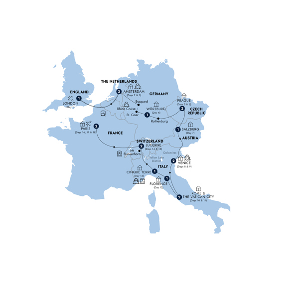 European Discovery - Start London, End Paris, Classic Group Itinerary Map