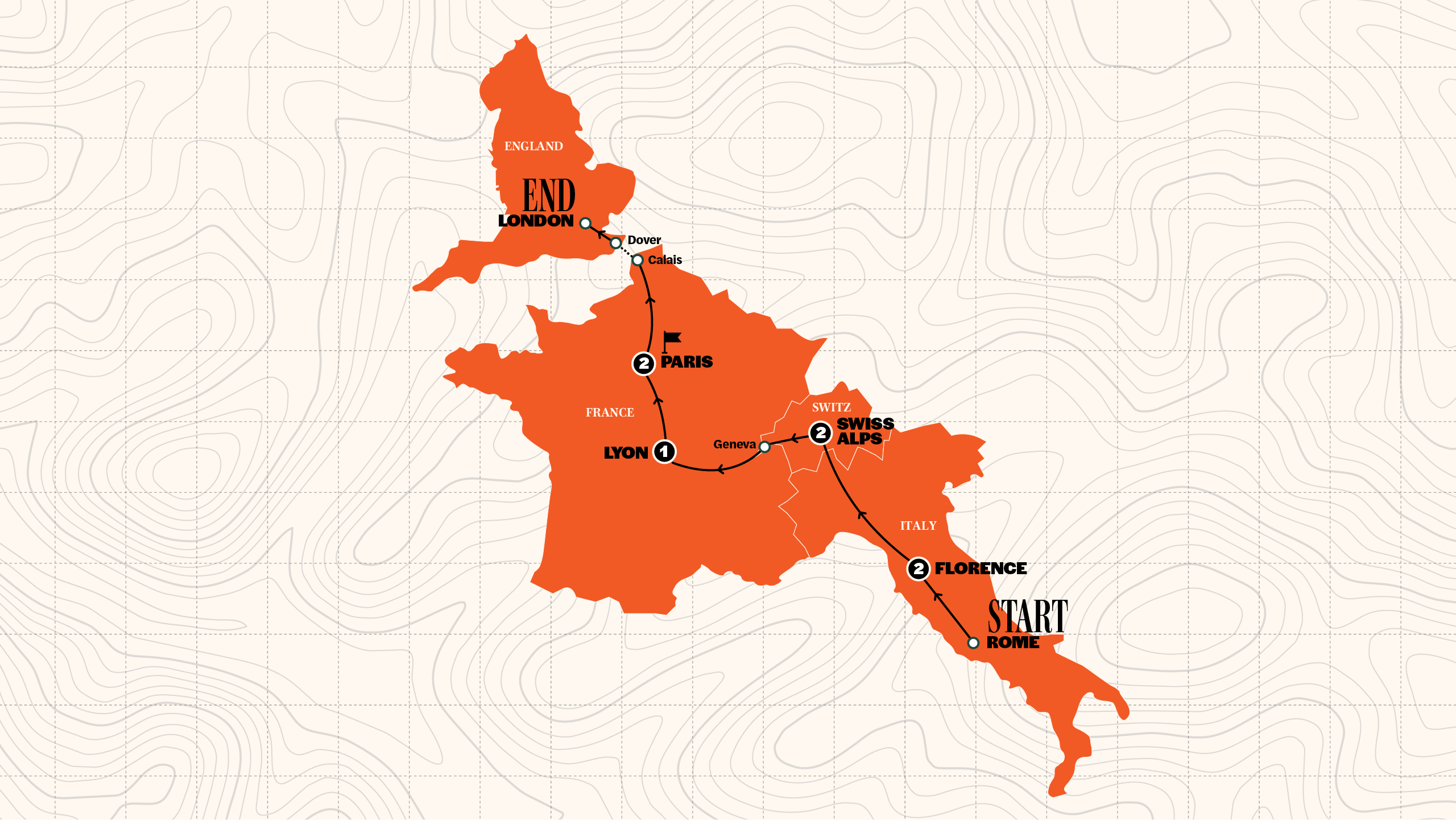 Map of Rome to London Trail | Age 18-22 Hostels | Winter 2027/28 from Contiki