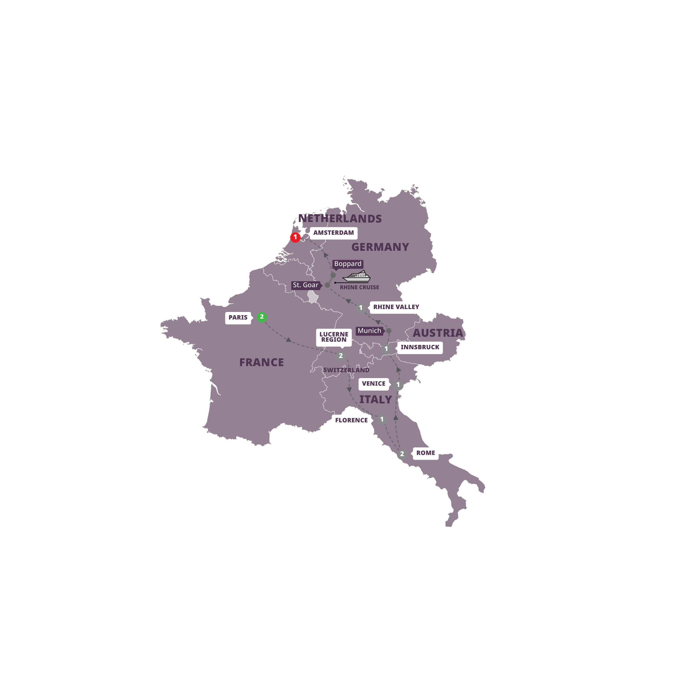 Map of European Experience (2027, Start Paris) from Trafalgar