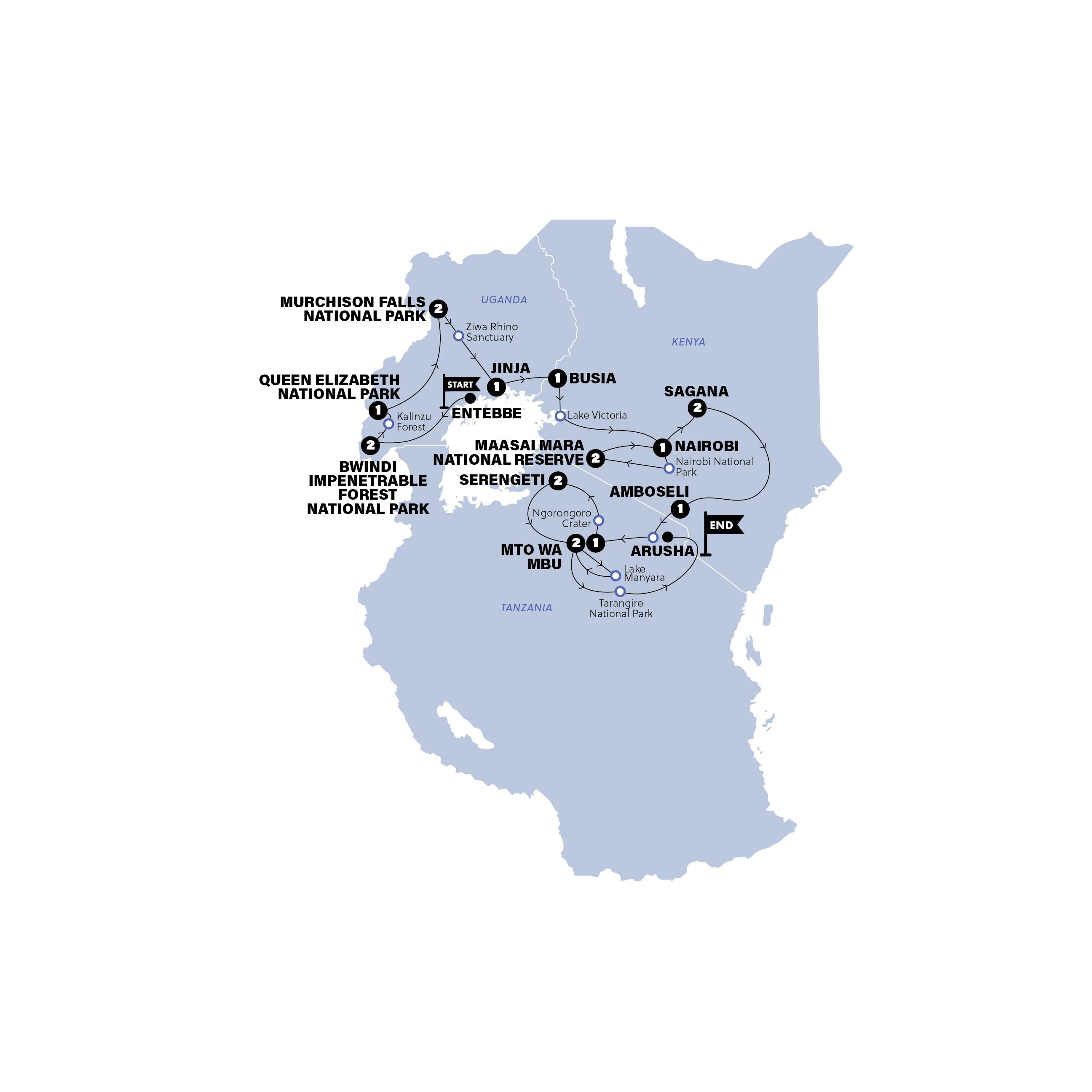 Map of Best of Uganda, Kenya and Tanzania 35 to 45 | Camping | 2027 from Contiki