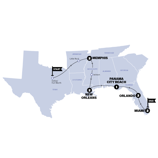 tourhub | Contiki | Dallas to Miami | 2026 | Tour Map