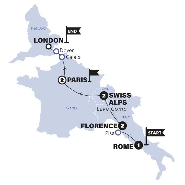 tourhub | Contiki | Rome to London Trail | Summer | 2025 | Tour Map