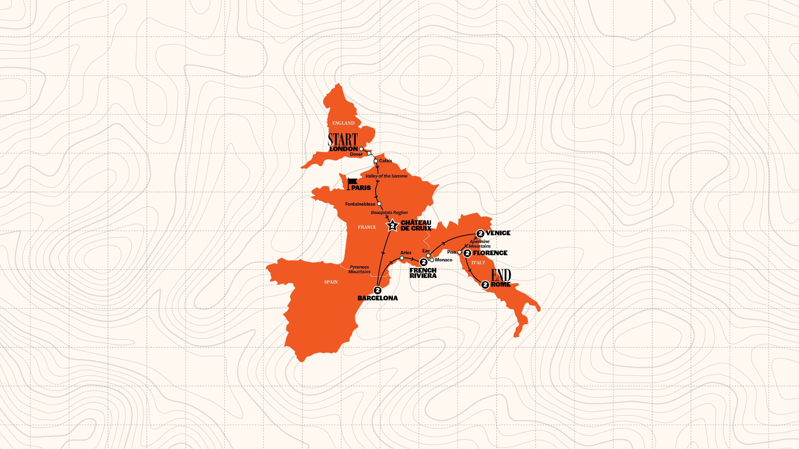 Map of London to Rome | Start London | 2027 from Contiki