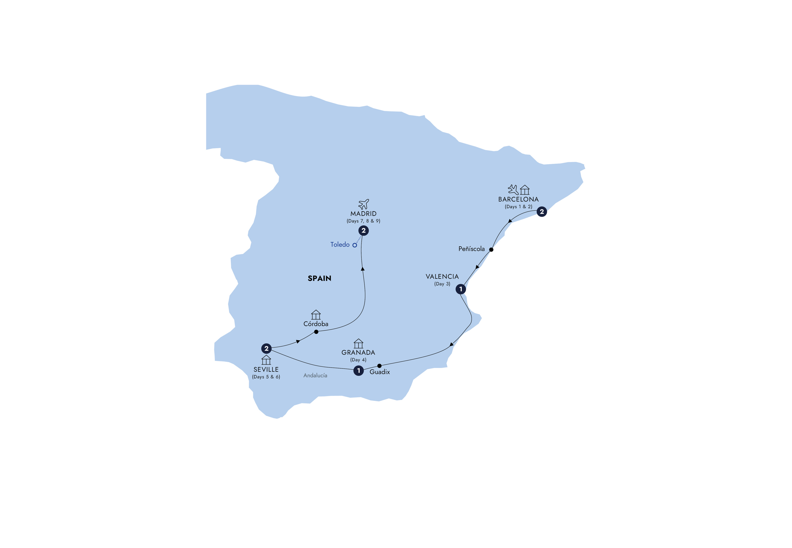 Map of Highlights of Spain - Small Group from Insight Vacations
