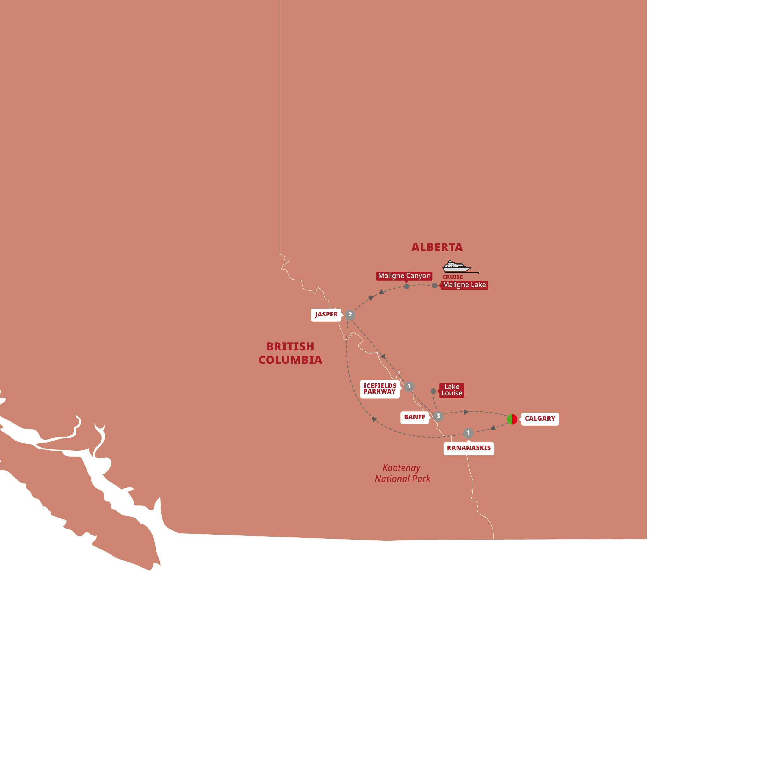 Map of Spectacular Rockies and Glaciers of Alberta from Trafalgar