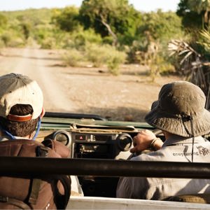 Two people drive through the bush in an open safari vehicle during a game drive in South Africa's Greater Kruger region - Contiki Become a Safari Guide in Kruger Tour