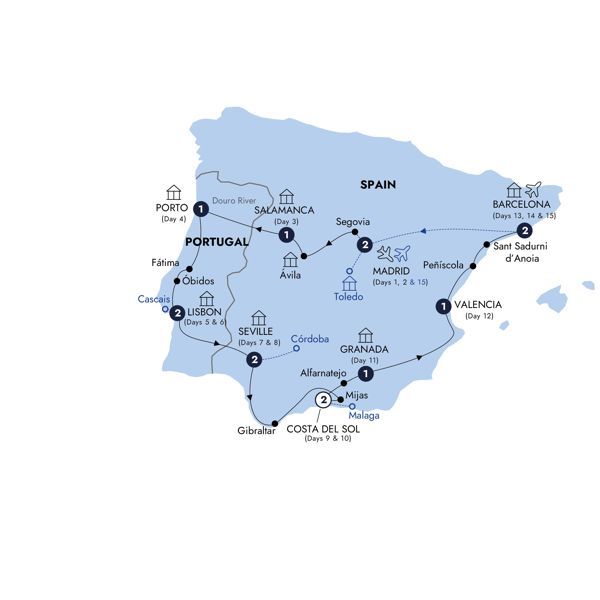Best of Spain & Portugal - End Barcelona, Classic Group, Winter Itinerary Map