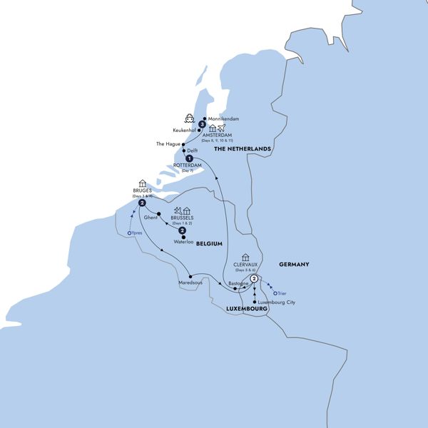 Country Roads of Belgium, Luxembourg & the Netherlands - Classic Group Itinerary Map