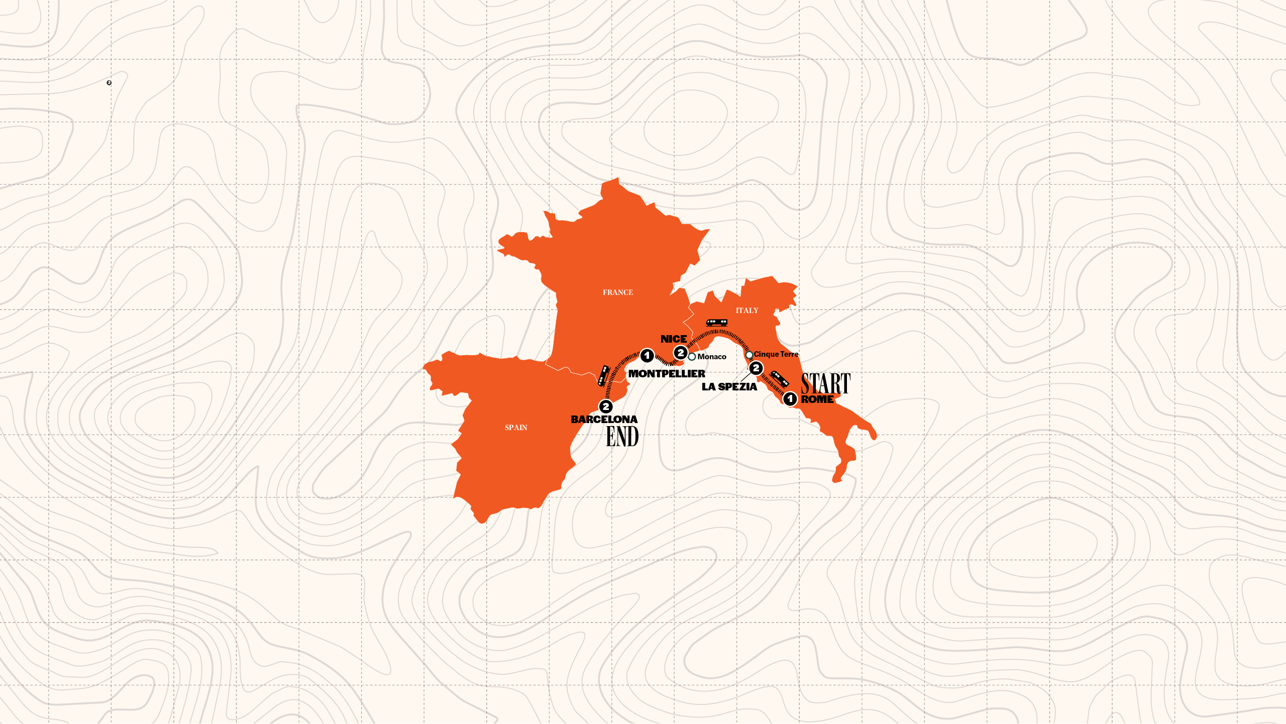 Map of Rome to Barcelona by Train | 27-35 | 2027 from Contiki