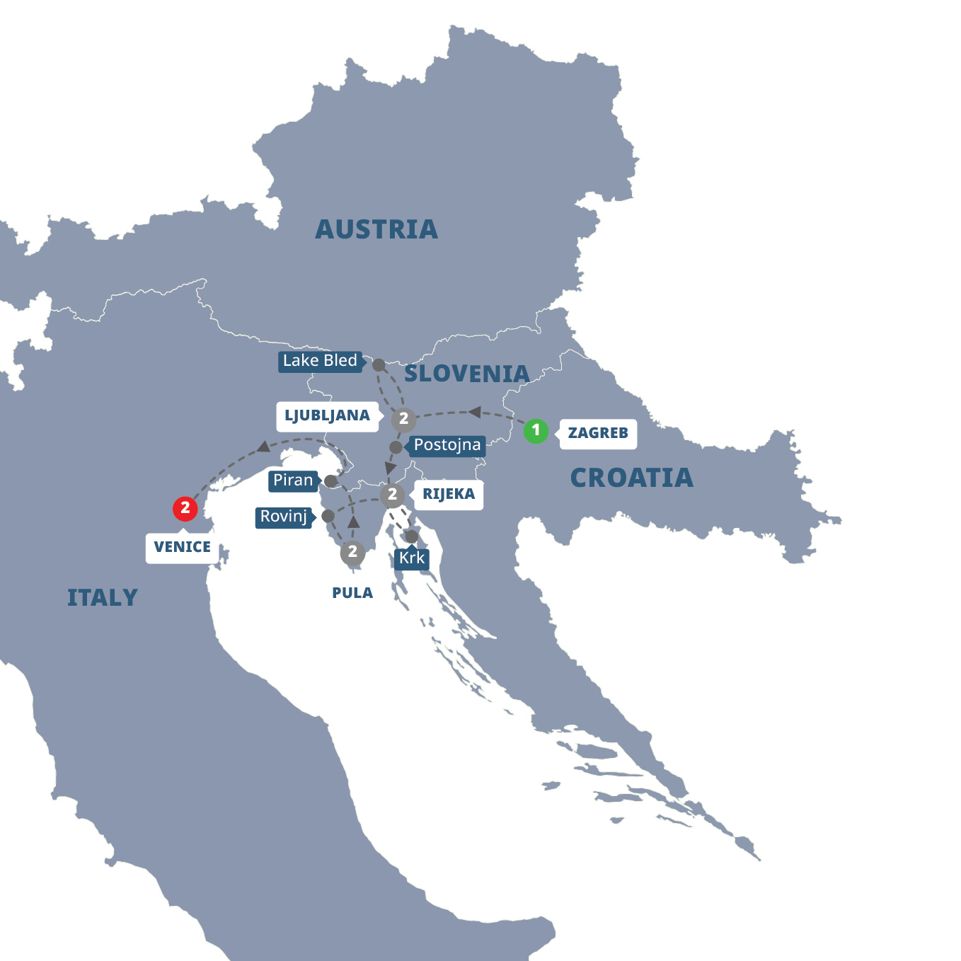 Map of Adriatic Escape - Small Group from Trafalgar