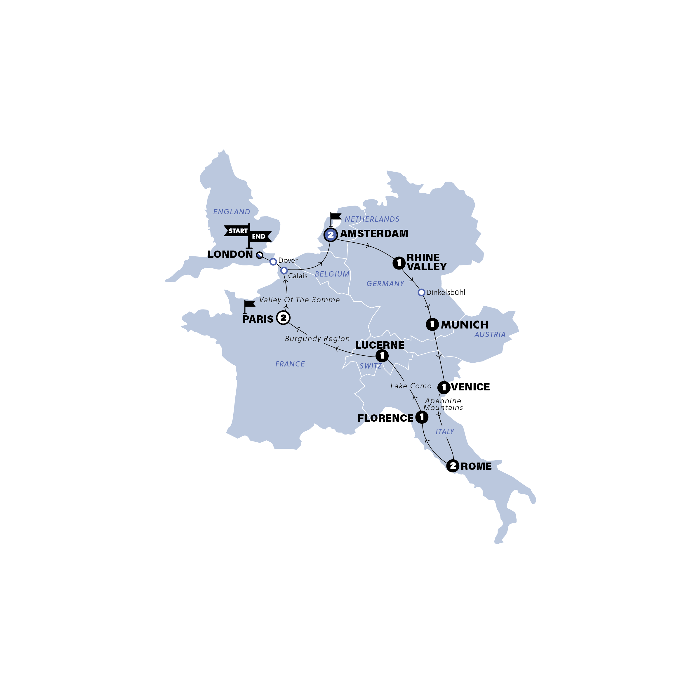 tourhub | Contiki | European Discovery | Start Amsterdam | Winter | Season 2025/2026 | Tour Map