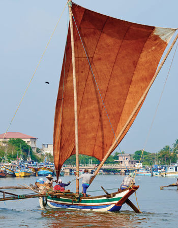 Fisherman sailing on a traditional fishing boat in Negombo, Sri Lanka