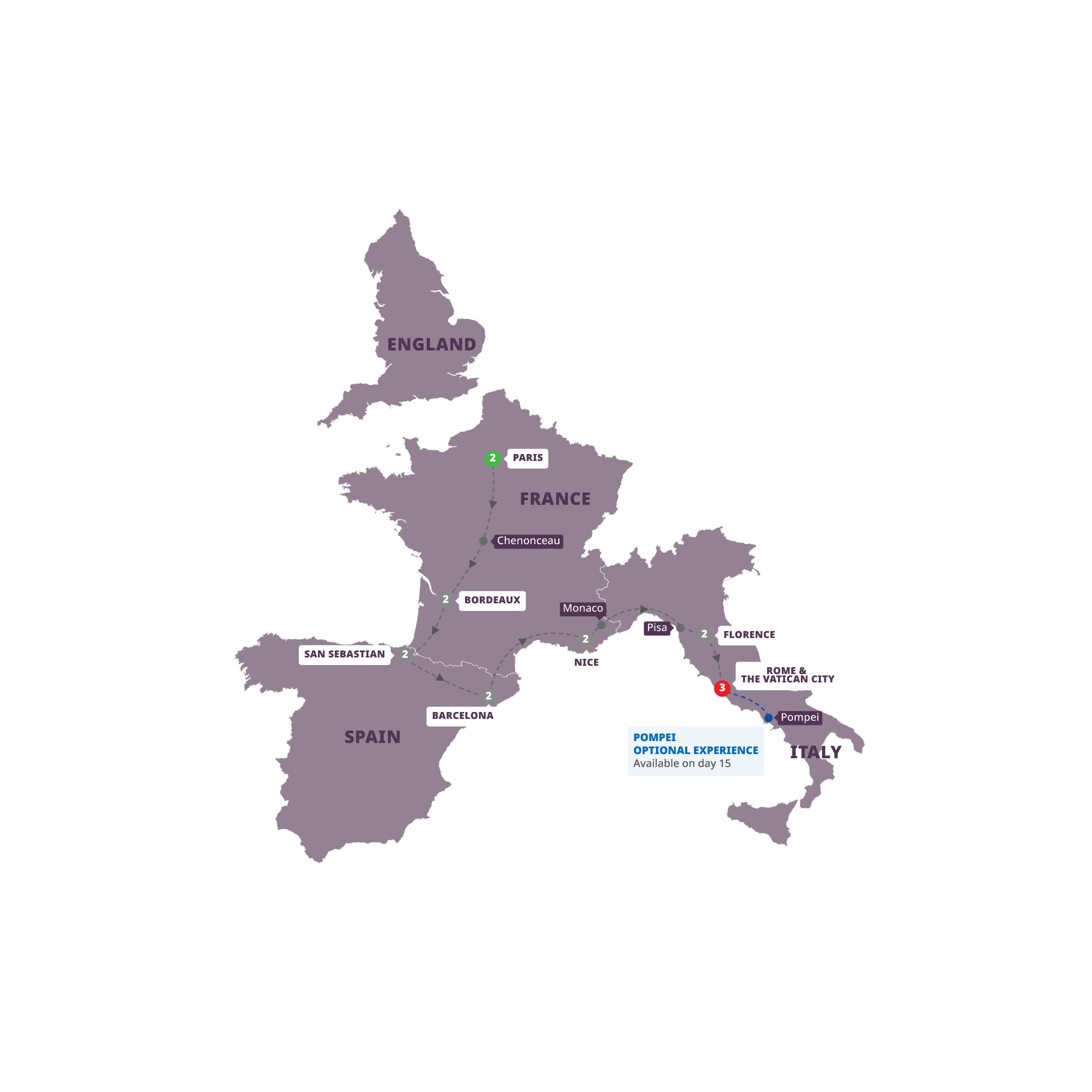 Map of Mediterranean Journey Start Paris from Trafalgar