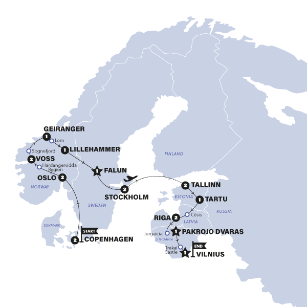 tourhub | Contiki | Scandinavia & Best of Baltics | Summer | 2024 | Tour Map