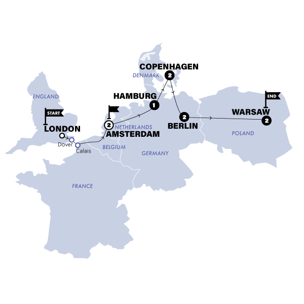 tourhub | Contiki | London to Warsaw Vistas | Start Amsterdam | Summer | 2024 | Tour Map