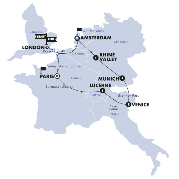 tourhub | Contiki | European Horizon (From 2025) | Start London | Plus | Tour Map