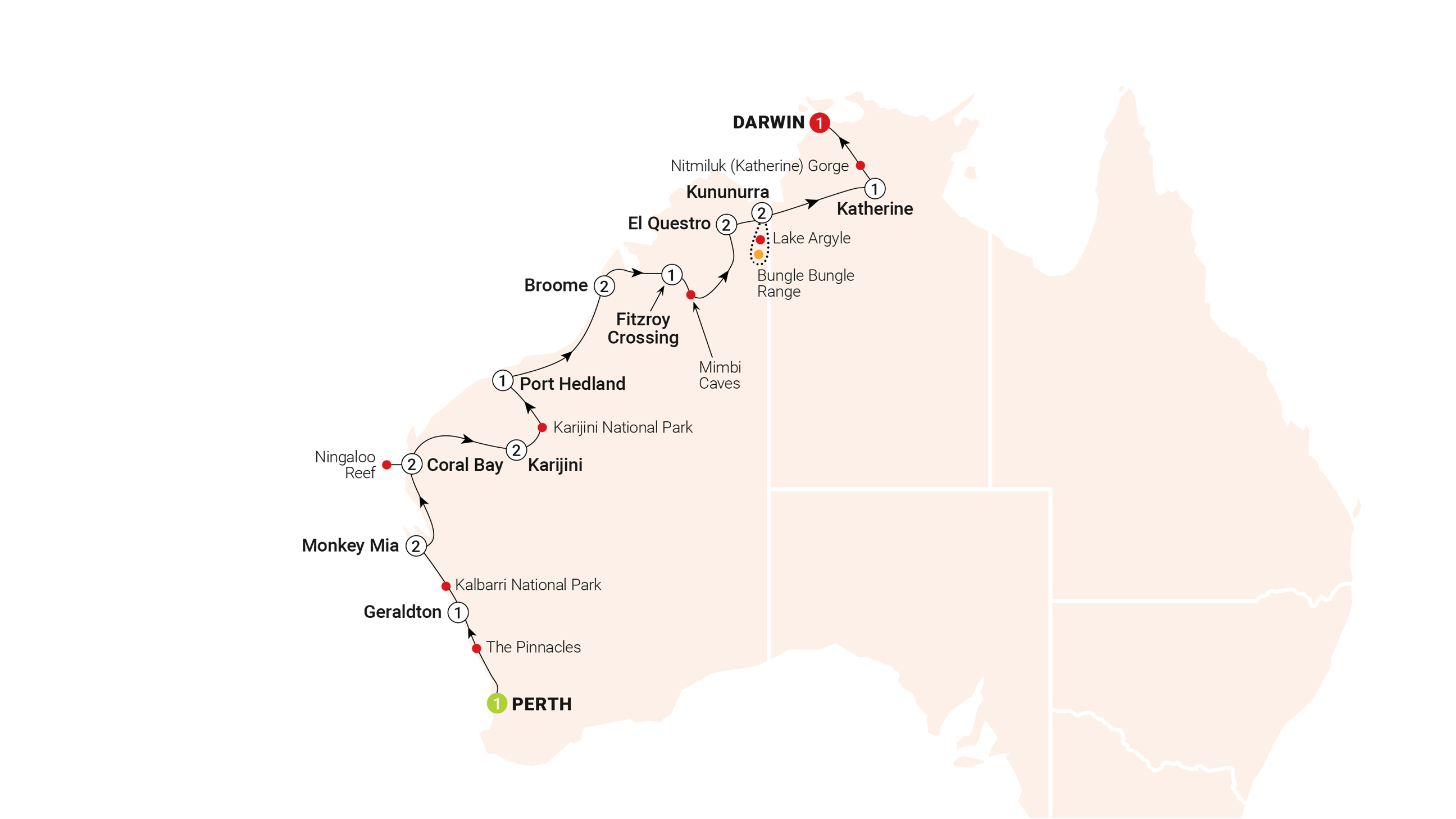 Map of the Wonders of the West Coast & Kimberley Trip