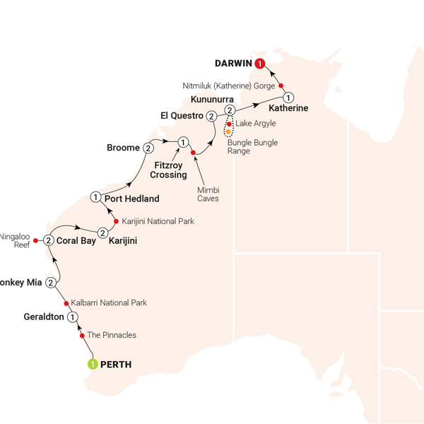 Wonders of the West Coast & Kimberley Itinerary Map