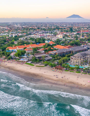 Birds eye view of the beach and coastline of Seminyak, Indonesia