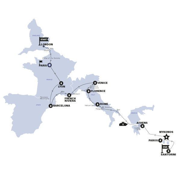 tourhub | Contiki | London to Athens Plus and Athens to Santorini | Start Paris | Summer | 2024 | Tour Map