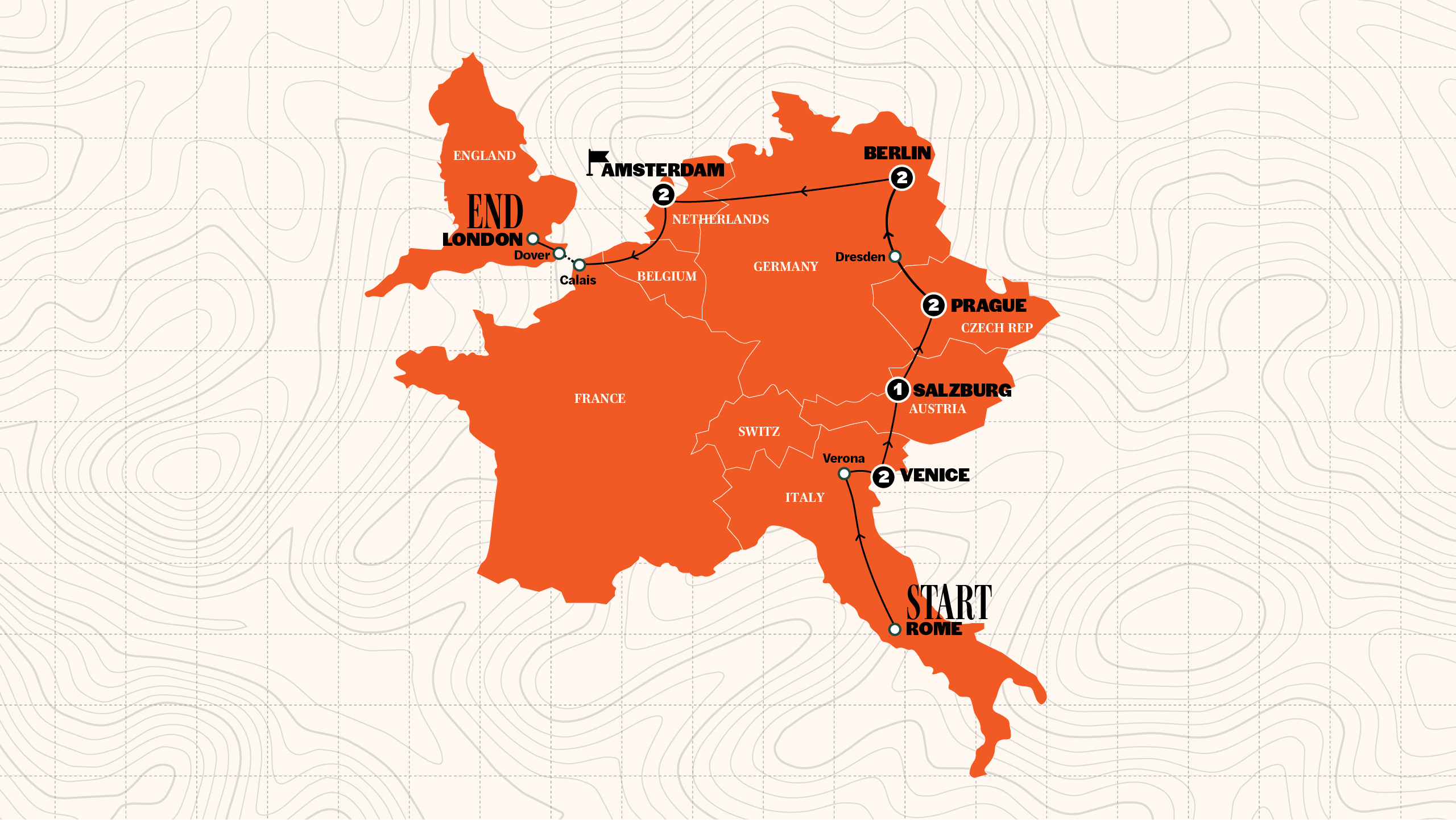 Map of Rome to London Quest | Hostels | Winter | 2026/2027 from Contiki