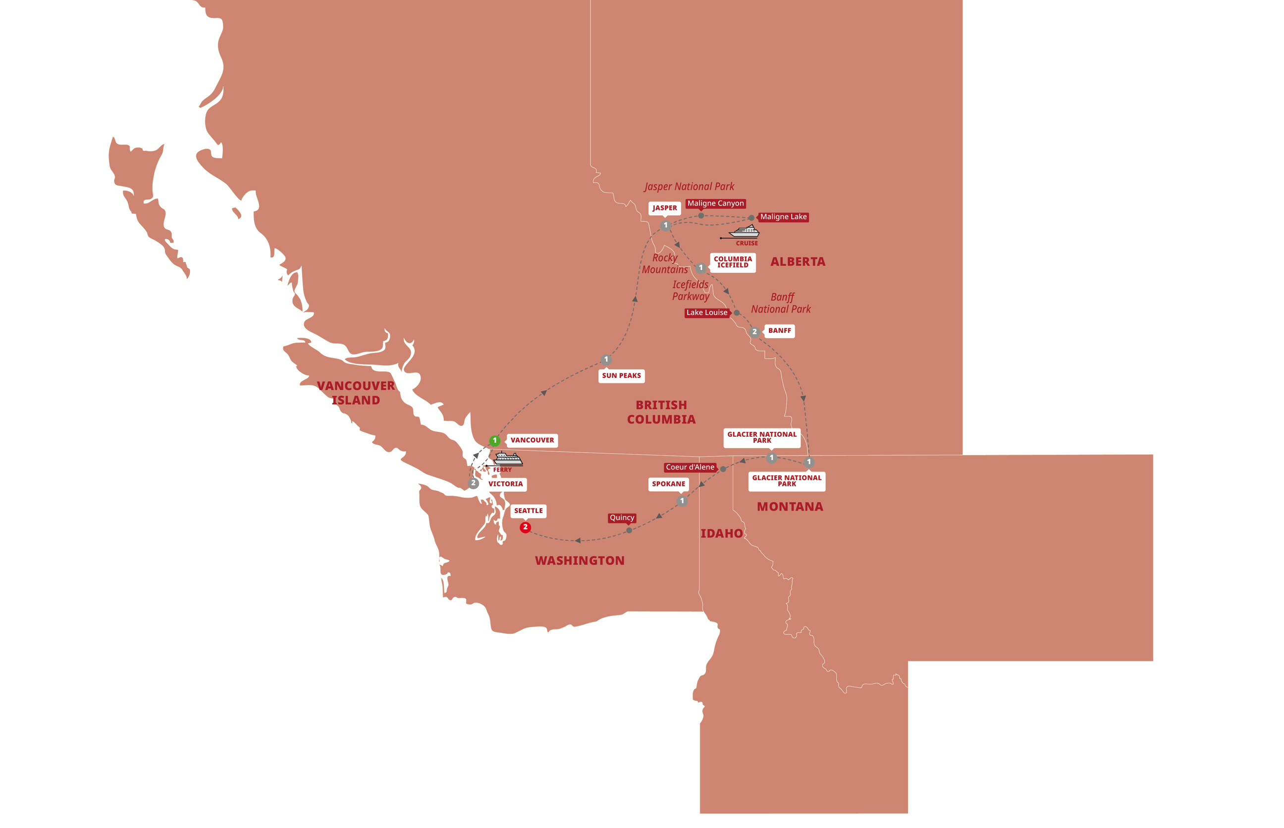 Map of Canadian Rockies & Pacific Coast from Trafalgar