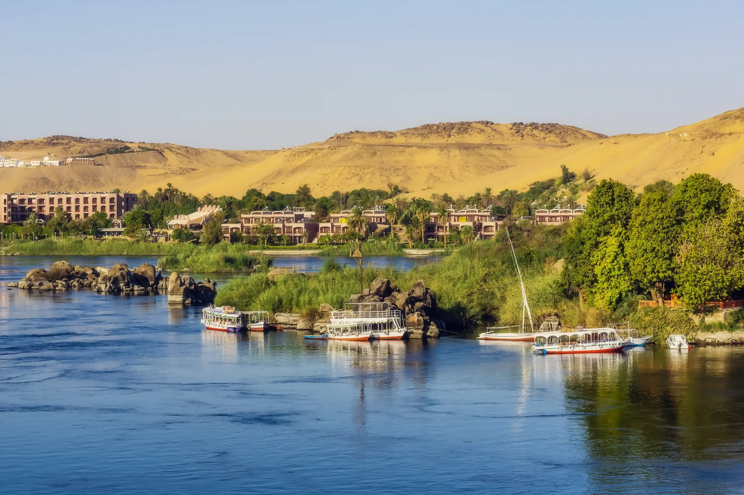 Scenic view of small cruise boats along The Nile in Egypt